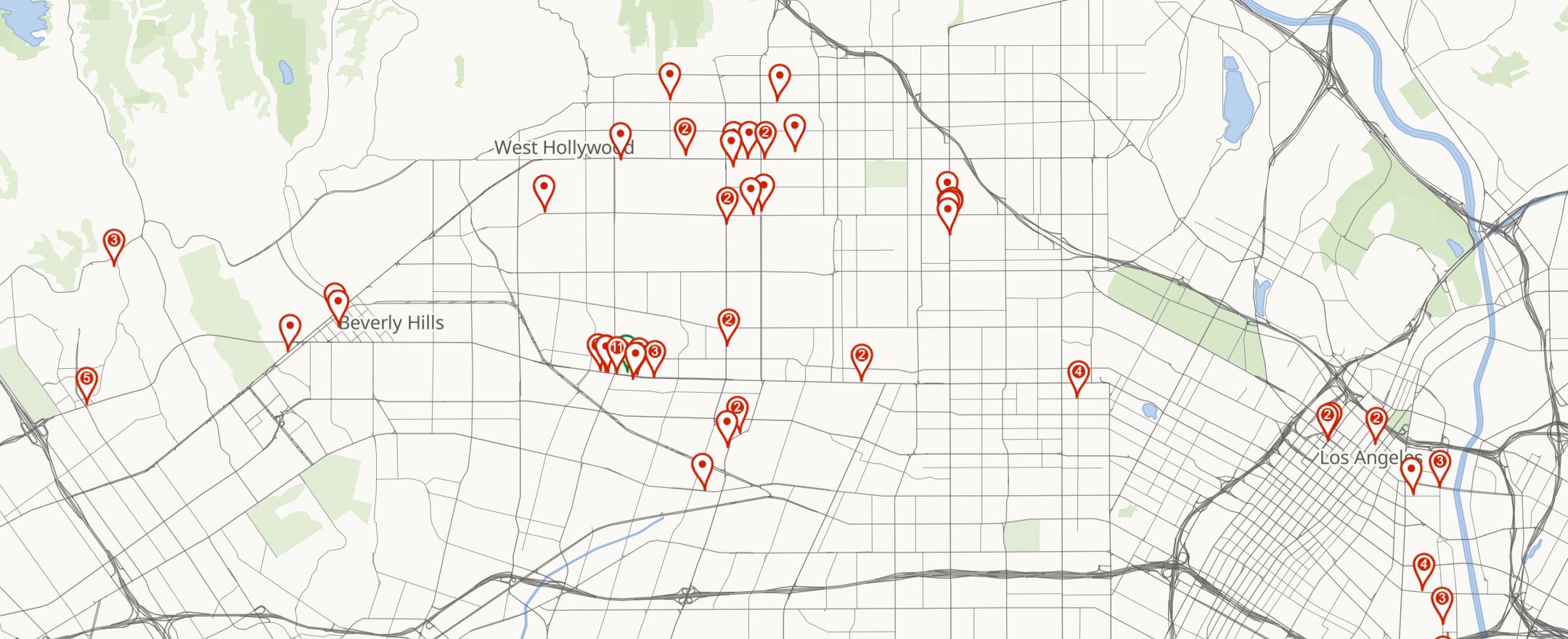 The radar's map of Los Angeles, with a pin for each gallery and museum showing now